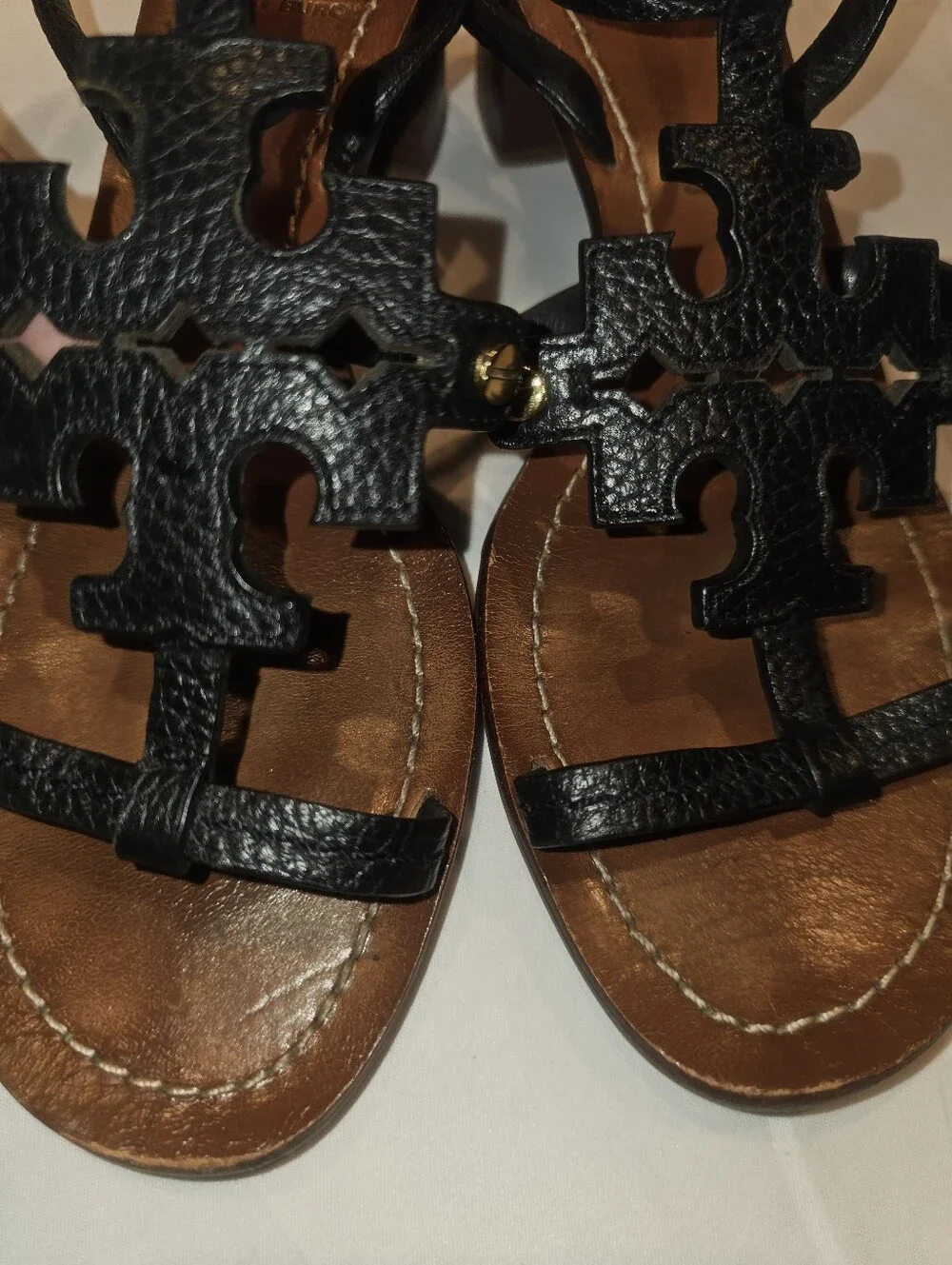 TORY BURCH Chandler tumbled leather block heel black sandals, 6.5